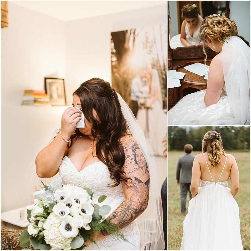 Premier snohomish & seattle wedding photographer | gsquared weddings photography a bride in a white dress wipes away tears indoors holding a bouquet at her snohomish seattle wedding Nearby photos show her reading a note at the piano and walking outside with a man capturing heartfelt engagement moments | serving snohomish seattle                   & beyond