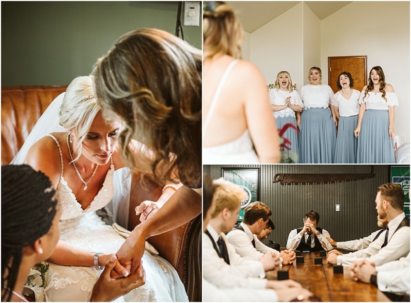Premier snohomish & seattle wedding photographer | gsquared weddings photography a collage of three snohomish wedding photos a bride sits holding hands supportively bridesmaids in white tops and blue skirts react with joy and groomsmen in white shirts sit around a table one covering his face emotionally | serving snohomish seattle                   & beyond