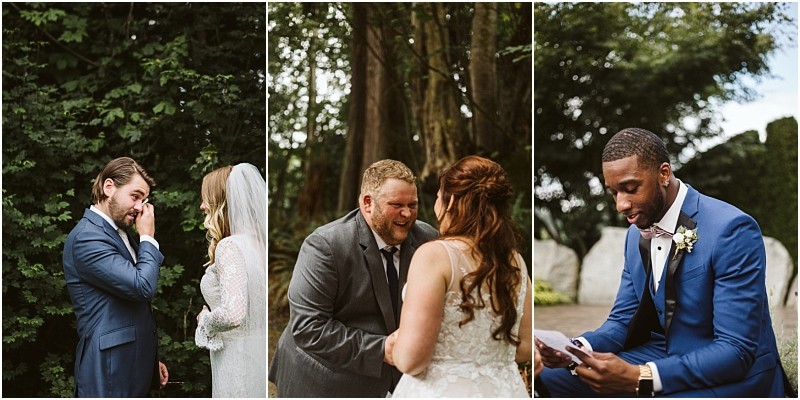 Premier Snohomish & Seattle Wedding Photographer | GSquared Weddings Photography A collage of three couples at Snohomish and Seattle outdoor weddings: the first couple smiling and wiping away tears, the second laughing together, and the third man in a suit reading an engagement letter with an emotional expression.                                   | Serving Snohomish, Seattle ,                  & Beyond