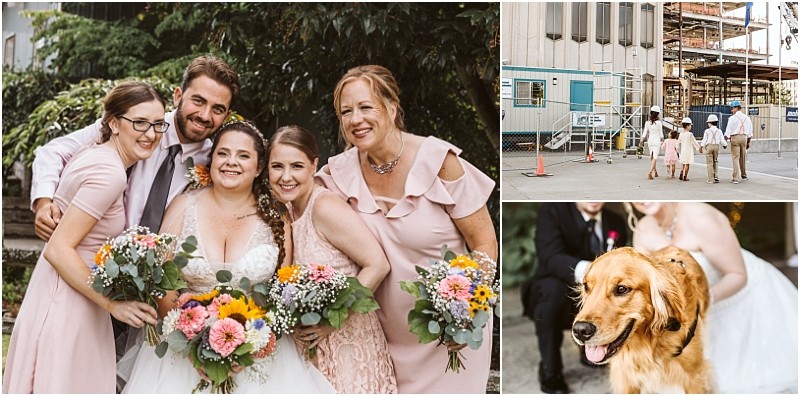 Premier snohomish & seattle wedding photographer | gsquared weddings photography a collage showing a joyful snohomish seattle wedding party posing with bouquets a group walking near a construction site and a golden retriever in front of the bride in her white dress | serving snohomish seattle                   & beyond