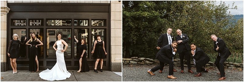 Premier snohomish & seattle wedding photographer | gsquared weddings photography side by side photos on the left a bride in a white dress poses confidently with four women in black dresses On the right five groomsmen strike playful poses outdoors by trees and a stone wall at this snohomish seattle wedding | serving snohomish seattle                   & beyond