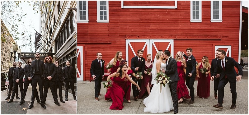 Premier snohomish & seattle wedding photographer | gsquared weddings photography two group wedding photos left people in black suits pose on a city street right a joyful snohomish wedding party in dark suits and burgundy dresses surrounds the couple kissing by a bright red barn | serving snohomish seattle                   & beyond