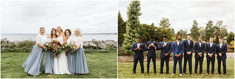Premier snohomish & seattle wedding photographer | gsquared weddings photography two side by side photos on the left a bride with four bridesmaids in blue skirts and white tops stands by water at a snohomish seattle wedding on the right seven groomsmen in navy suits pose together outdoors | serving snohomish seattle                   & beyond