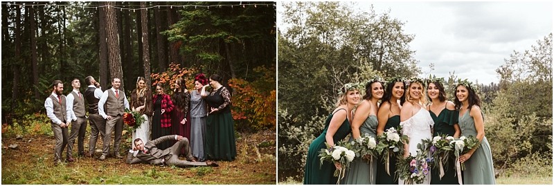Premier snohomish & seattle wedding photographer | gsquared weddings photography two wedding party photos on the left a group in formal and casual attire pose playfully in a snohomish forest on the right seven women in green dresses and white gowns smile with bouquets capturing a joyful seattle wedding engagement | serving snohomish seattle                   & beyond