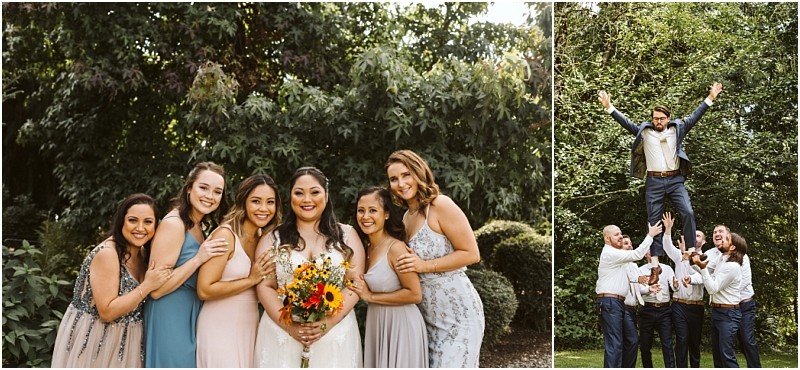 Premier snohomish & seattle wedding photographer | gsquared weddings photography a bride in a white dress holds a sunflower bouquet surrounded by five smiling bridesmaids in pastel dresses Nearby six groomsmen lift one man joyfully into the aircapturing pure joy at this charming snohomish seattle wedding outdoors among green trees | serving snohomish seattle                   & beyond