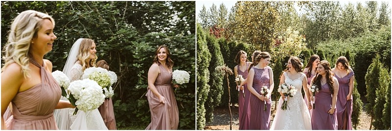 Premier snohomish & seattle wedding photographer | gsquared weddings photography two photos show smiling bridesmaids in mauve and lavender dresses holding white bouquets walking outdoors amid greenery and trees on a sunny day at a lovely snohomish seattle wedding | serving snohomish seattle                   & beyond