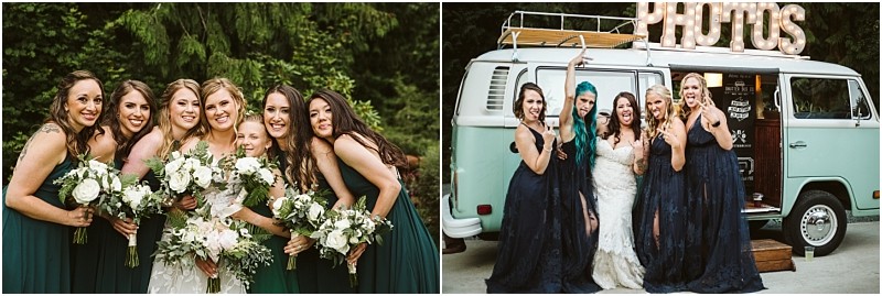 Premier snohomish & seattle wedding photographer | gsquared weddings photography left seven women in dark green dresses smile and hold bouquets outdoors Right five women in dark dresses pose playfully next to a vintage light blue van with a photos signcapturing snohomish seattle wedding fun | serving snohomish seattle                   & beyond