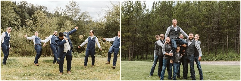 Premier snohomish & seattle wedding photographer | gsquared weddings photography two side by side photos of six men outdoors in suits and vests at a snohomish seattle wedding On the left they celebrate and laugh on the right they lift one man onto anothers shoulders all smiling and having fun on a grassy field with trees behind | serving snohomish seattle                   & beyond