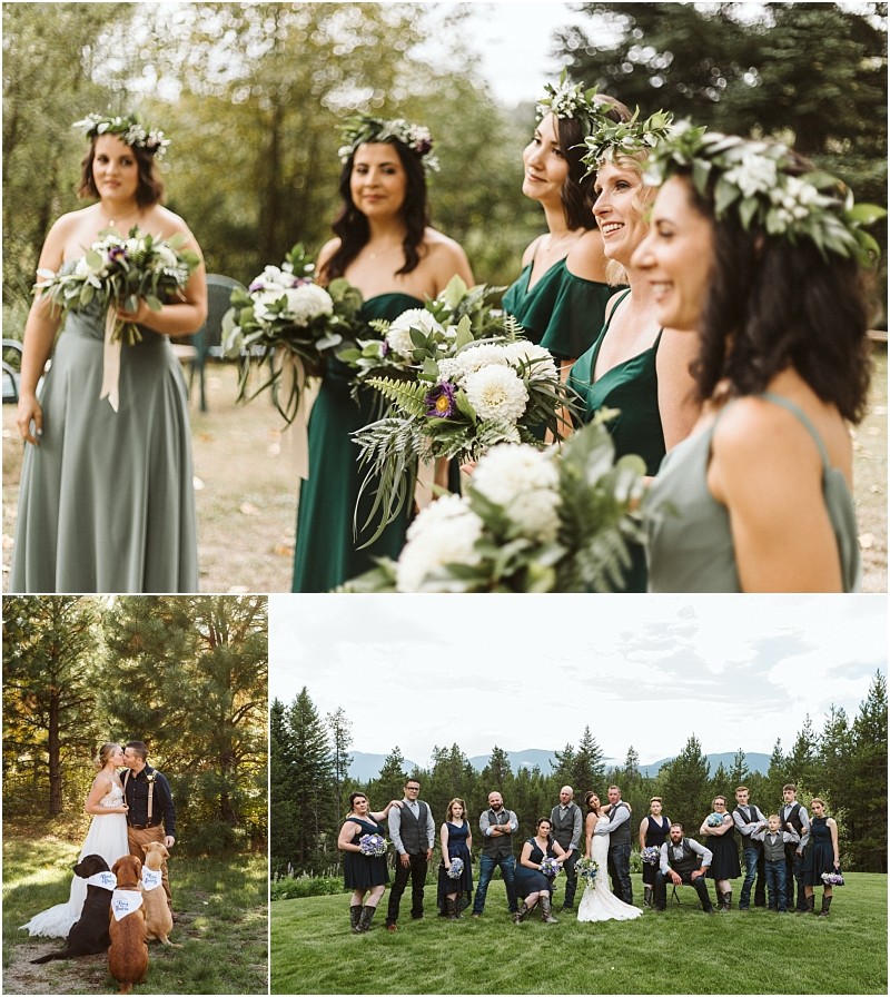 Premier snohomish & seattle wedding photographer | gsquared weddings photography a collage shows bridesmaids in sage green dresses with floral crowns a bride and groom posing by wooden bear carvings and a snohomish seattle wedding party standing together outdoors with mountains and trees in the background | serving snohomish seattle                   & beyond