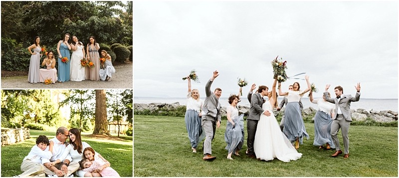 Premier snohomish & seattle wedding photographer | gsquared weddings photography a collage of three photos snohomish bridesmaids posing outdoors a family sitting on grass under trees and a joyful seattle wedding party celebrating on a lawn near the water | serving snohomish seattle                   & beyond