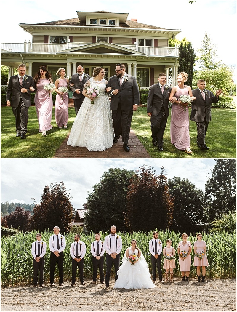 Premier snohomish & seattle wedding photographer | gsquared weddings photography two wedding party photos from a snohomish seattle wedding top bride and groom walk with bridesmaids in pink and groomsmen in dark suits on a lawn Bottom the group poses by tall corn plants in white and pink attire | serving snohomish seattle                   & beyond