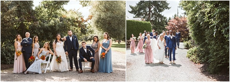 Premier snohomish & seattle wedding photographer | gsquared weddings photography two snohomish wedding party photos on the left a seated bride and groom pose with bridesmaids and groomsmen in formal attire on the right the group walks outside on a gravel path surrounded by greenery and trees | serving snohomish seattle                   & beyond