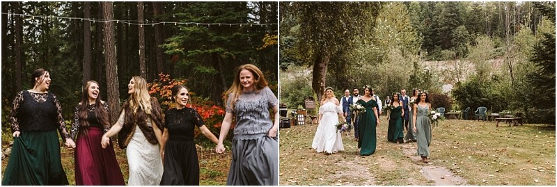 Premier snohomish & seattle wedding photographer | gsquared weddings photography a group of women in long skirts and dresses walk outdoors in a wooded area near snohomish smiling and laughing together The background features trees greenery and string lights creating a rustic setting perfect for a seattle wedding engagement | serving snohomish seattle                   & beyond