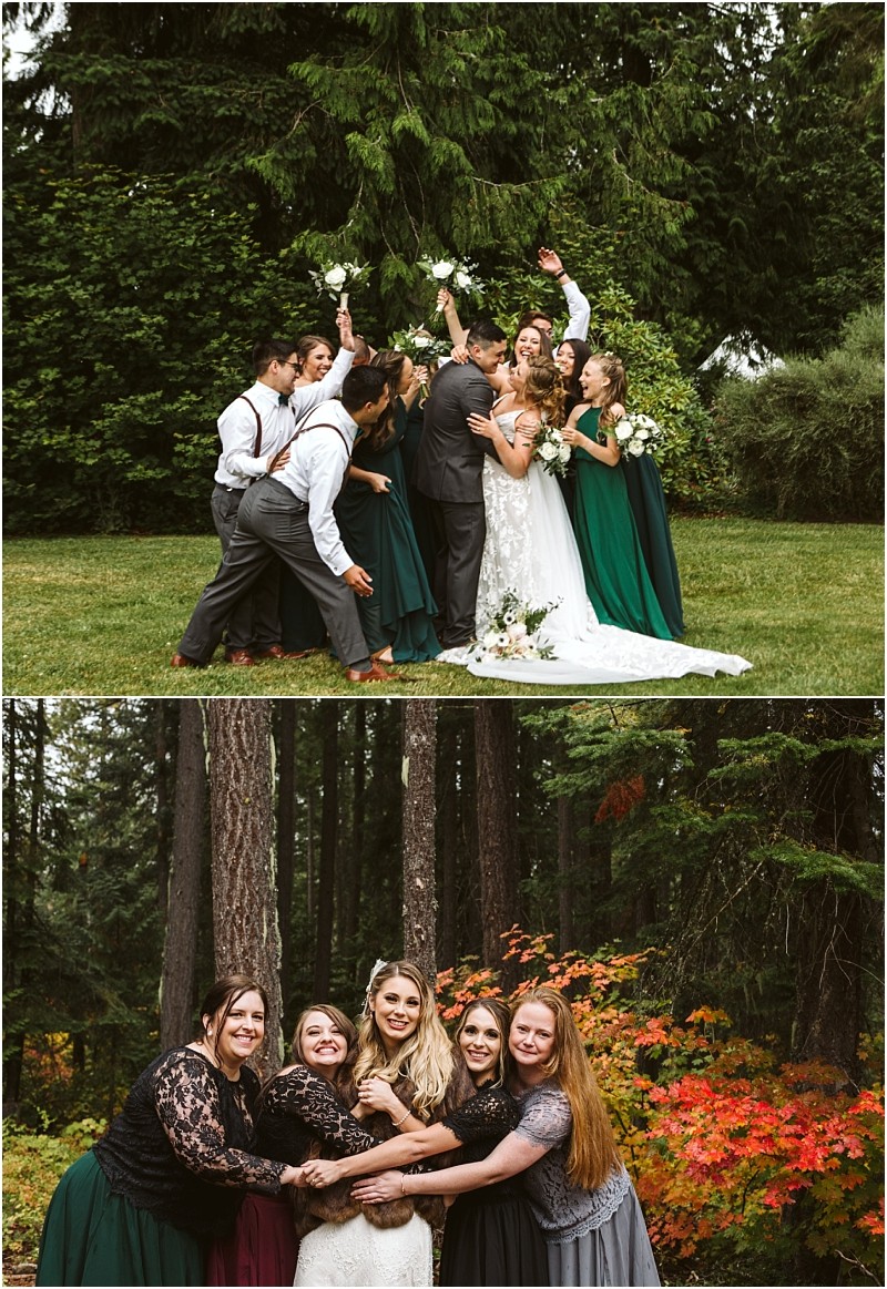 Premier snohomish & seattle wedding photographer | gsquared weddings photography two outdoor snohomish wedding photos topbride and groom embrace surrounded by joyful wedding party in green dresses and suspenders on grass Bottombride hugs bridesmaids in a seattle woodland setting with colorful autumn leaves | serving snohomish seattle                   & beyond