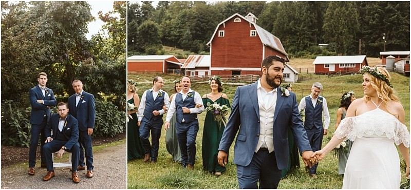 Premier snohomish & seattle wedding photographer | gsquared weddings photography two snohomish wedding photos on the left four men in blue suits pose outdoors on the right a bride and groom walk hand in hand with their wedding party by red barns and green trees near seattle | serving snohomish seattle                   & beyond