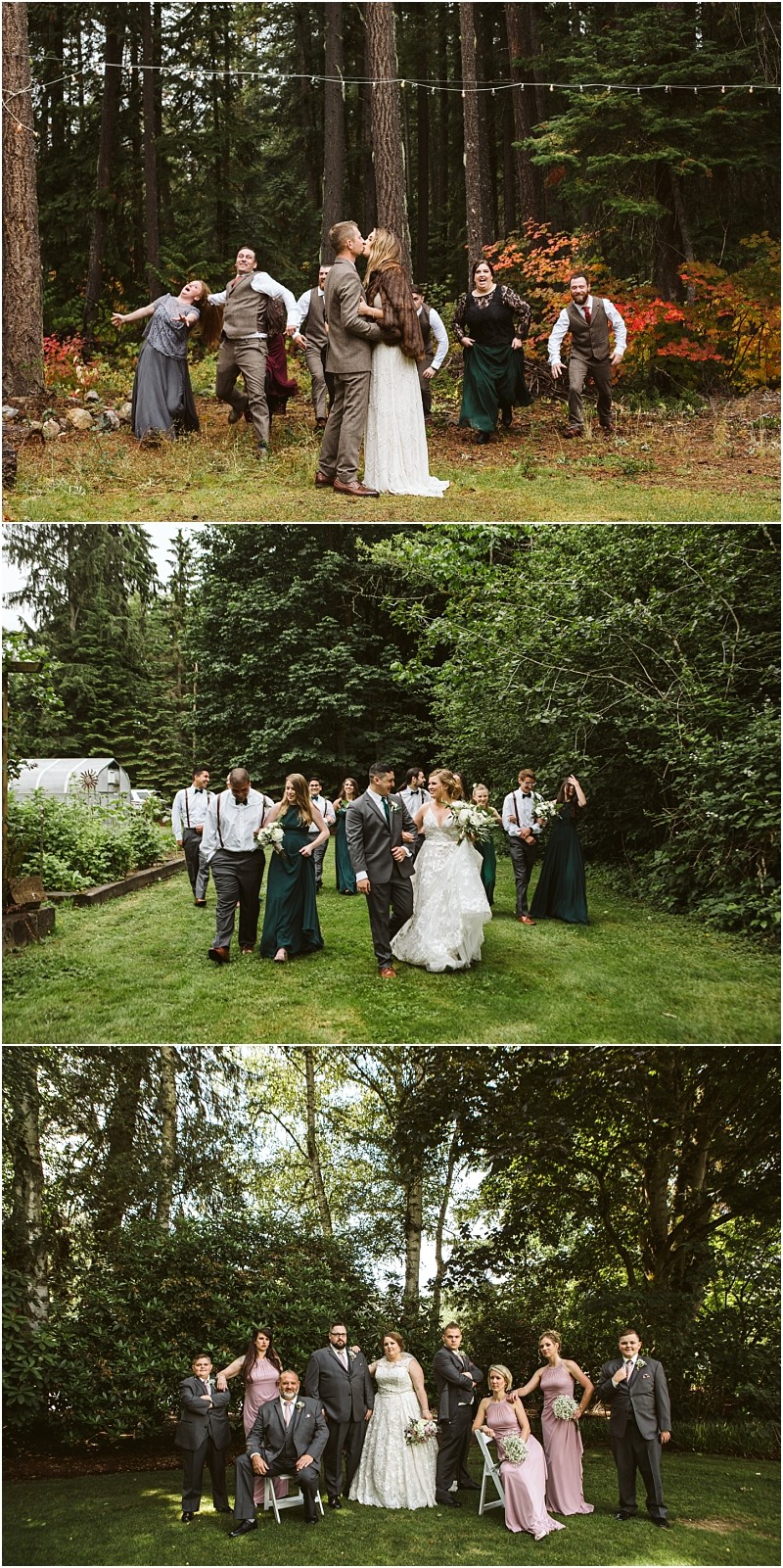 Premier snohomish & seattle wedding photographer | gsquared weddings photography three photos of a snohomish wedding party outdoors the group poses playfully in a forest then walks together on grass and finally sits and stands in a formal pose under tall green trees | serving snohomish seattle                   & beyond