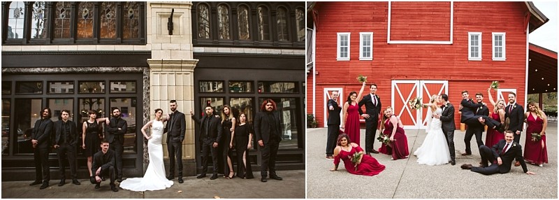 Premier snohomish & seattle wedding photographer | gsquared weddings photography side by side photos capture snohomish and seattle wedding parties On the left the group in black poses by a stone building on the right burgundy attire shines before a red barn Both scenes highlight a radiant bride in white | serving snohomish seattle                   & beyond