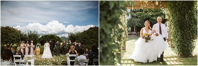 Premier snohomish & seattle wedding photographer | gsquared weddings photography a split image left a snohomish outdoor wedding ceremony with a couple at the altar and guests seated right a bride and a man walking under a vine covered archway near seattle smiling and carrying a bouquet | serving snohomish seattle                   & beyond