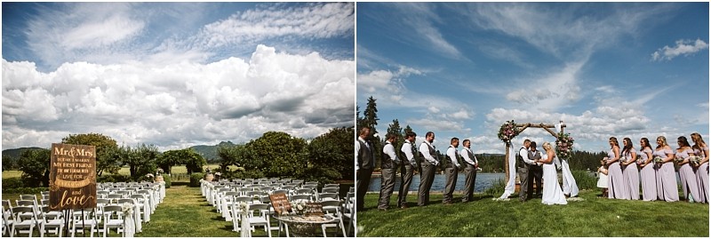 Premier snohomish & seattle wedding photographer | gsquared weddings photography a split image left side shows an outdoor snohomish wedding setup with white chairs and a wooden sign right side features a bride and groom kissing under an arch surrounded by their wedding party all beneath a blue seattle sky | serving snohomish seattle                   & beyond