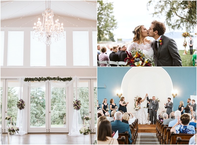 Premier snohomish & seattle wedding photographer | gsquared weddings photography a collage of snohomish seattle wedding scenes a bright chandelier a couple kissing outdoors a floral decorated ceremony space with large windows and newlyweds raising their hands in joy at an indoor celebration with guests watching | serving snohomish seattle                   & beyond