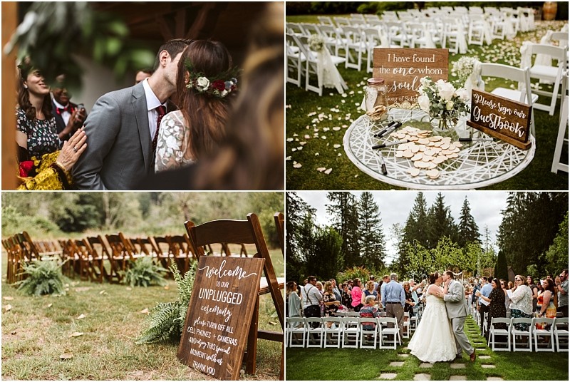Premier snohomish & seattle wedding photographer | gsquared weddings photography a collage of four snohomish wedding photos a couple kissing a garden setup with wooden signs and guestbook a welcome sign on a chair and the couple dancing outdoors surrounded by guests and greenery | serving snohomish seattle                   & beyond