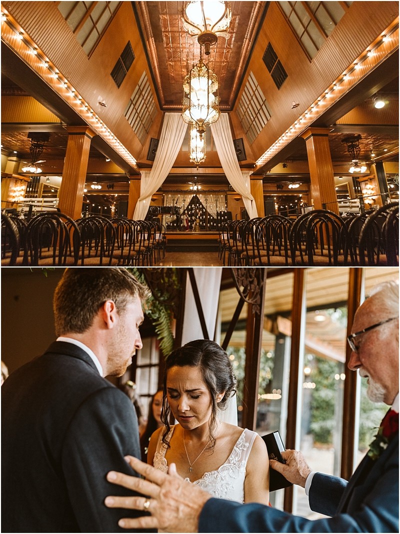 Premier snohomish & seattle wedding photographer | gsquared weddings photography top elegant snohomish wedding venue with high ceilings warm lighting draped fabric and rows of chairs Bottom bride and groom in a heartfelt moment indoors eyes closed surrounded by family at their seattle engagement celebration | serving snohomish seattle                   & beyond