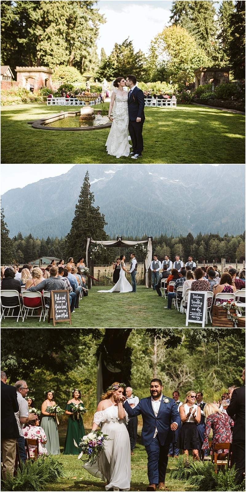 Premier snohomish & seattle wedding photographer | gsquared weddings photography three outdoor snohomish wedding scenes a couple walking by a pond a ceremony with mountains in the background and a bride and groom joyfully walking down the aisle surrounded by guests and bridesmaids | serving snohomish seattle                   & beyond