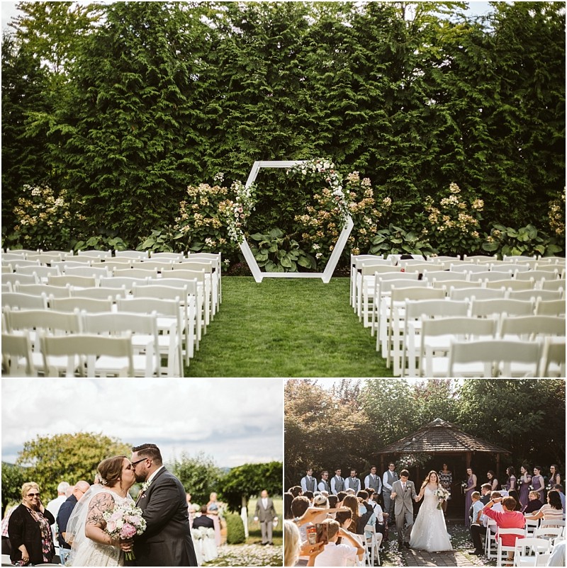 Premier snohomish & seattle wedding photographer | gsquared weddings photography three wedding scenes topwhite chairs arranged outdoors facing a hexagonal floral arch bottom lefta couple kissing surrounded by guests bottom righta bride and groom walk down an aisle at a beautiful snohomish seattle wedding | serving snohomish seattle                   & beyond