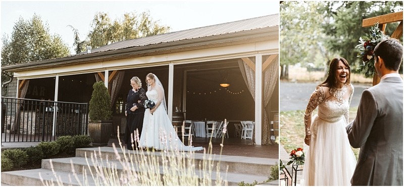 Premier snohomish & seattle wedding photographer | gsquared weddings photography two wedding scenes on the left a bride strolls with two women near a rustic snohomish venue on the right the smiling bride faces her groom outdoors holding her bouquet at this seattle wedding | serving snohomish seattle                   & beyond