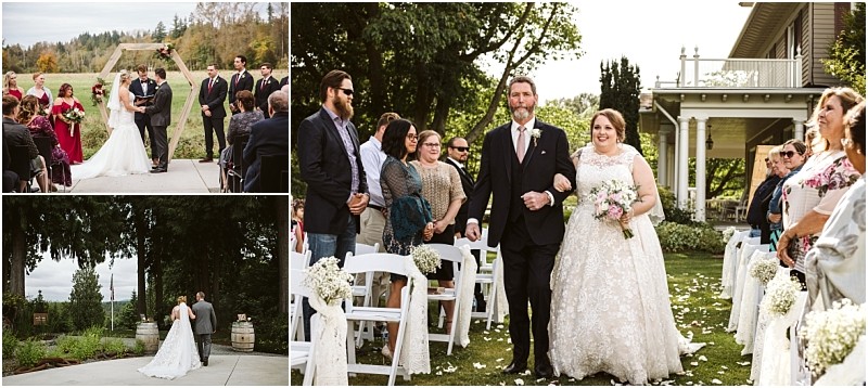 Premier snohomish & seattle wedding photographer | gsquared weddings photography a collage of three snohomish wedding photos a couple at the altar outdoors the bride and groom walking together and the bride walking down the aisle with a man surrounded by smiling guests seated outside | serving snohomish seattle                   & beyond