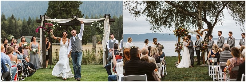 Premier snohomish & seattle wedding photographer | gsquared weddings photography two outdoor snohomish wedding ceremonies on the left a bride and groom celebrate walking down the aisle on the right a couple stands under an arbor with their wedding party and guests at a seattle engagement | serving snohomish seattle                   & beyond