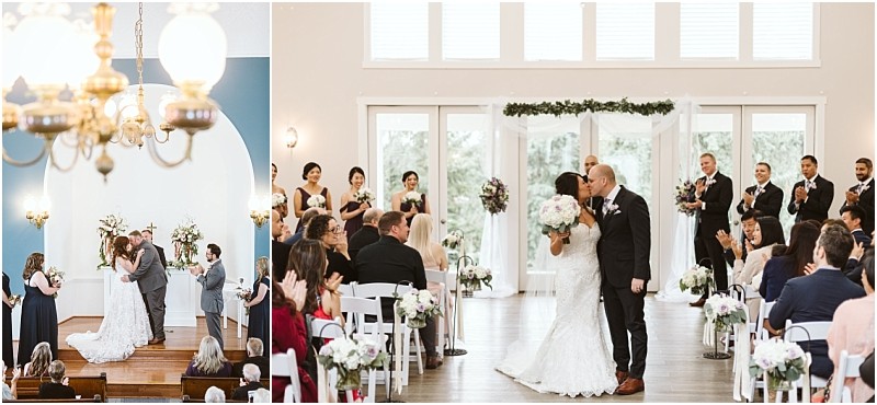 Premier snohomish & seattle wedding photographer | gsquared weddings photography two snohomish wedding photos on the left a couple shares their first kiss at the altar on the right the bride and groom kiss at the end of the aisle while guests and the wedding party celebrate in true seattle style | serving snohomish seattle                   & beyond