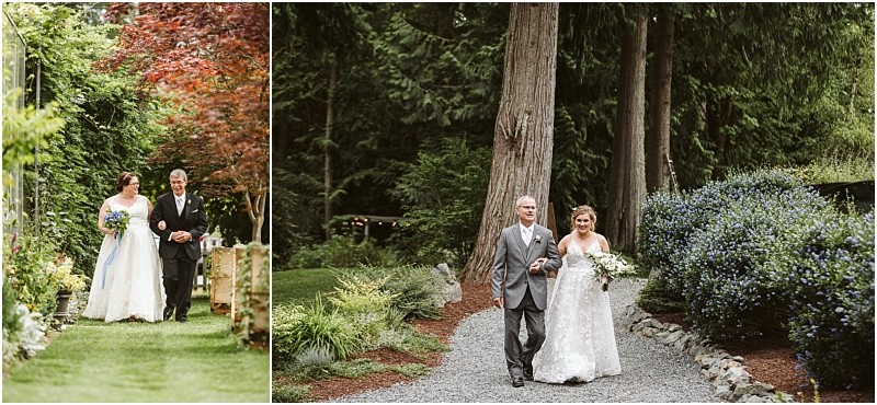 Premier snohomish & seattle wedding photographer | gsquared weddings photography two photos of a bride in a white dress walking outdoors with her father theyre surrounded by lush greenery during a beautiful snohomish garden wedding ceremony | serving snohomish seattle                   & beyond