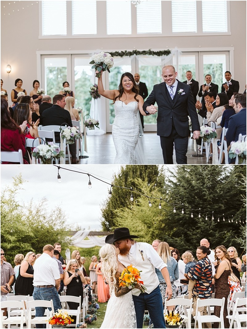 Premier snohomish & seattle wedding photographer | gsquared weddings photography two wedding scenes in the first a bride and groom walk down the aisle indoors smiling and holding a bouquet The second captures a romantic snohomish outdoor wedding as the couple kisses under string lights guests looking on | serving snohomish seattle                   & beyond