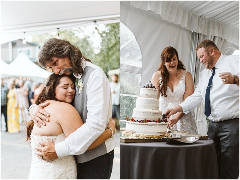 Premier snohomish & seattle wedding photographer | gsquared weddings photography split image on the left a bride hugs an older man both smiling warmly On the right at their snohomish seattle wedding the same bride and groom laugh as they cut a white berry topped cake inside a tented venue | serving snohomish seattle                   & beyond