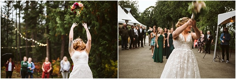 Premier snohomish & seattle wedding photographer | gsquared weddings photography at a snohomish seattle wedding the bride in a white dress tosses her bouquet into the air as a group of women eagerly waits to catch it all set against the backdrop of trees at this enchanting outdoor engagement | serving snohomish seattle                   & beyond