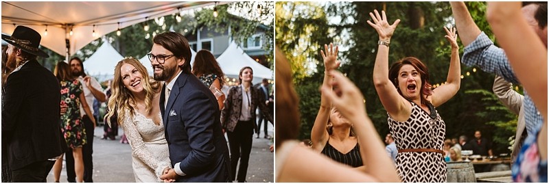 Premier snohomish & seattle wedding photographer | gsquared weddings photography two wedding scenes on the left a smiling bride and groom dance outdoors under string lights at a snohomish seattle wedding On the right a woman with raised arms celebrates energetically among other guests | serving snohomish seattle                   & beyond