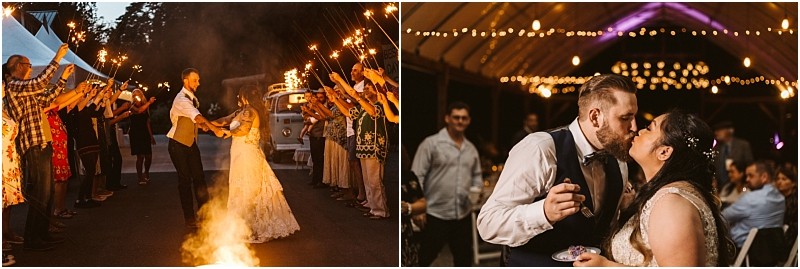 Premier snohomish & seattle wedding photographer | gsquared weddings photography left a snohomish bride and groom dance outside at night surrounded by guests holding sparklers Right the couple kisses indoors under string lights while sharing cake capturing a magical seattle wedding celebration | serving snohomish seattle                   & beyond