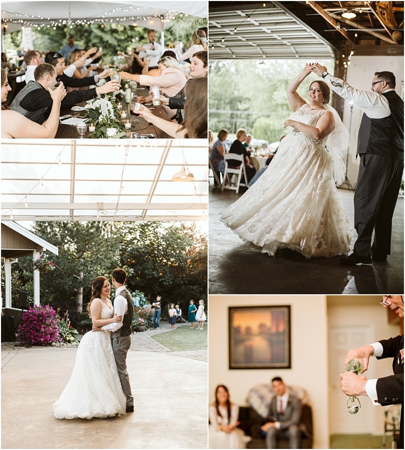 Premier snohomish & seattle wedding photographer | gsquared weddings photography a collage of snohomish and seattle wedding scenes guests toasting at a table a couples first dance indoors the couple dancing outdoors and a man holding engagement rings in a warmly lit room | serving snohomish seattle                   & beyond