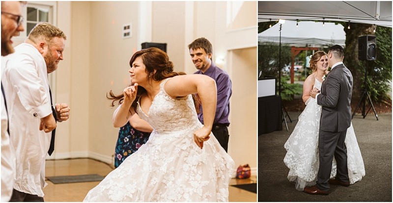 Premier snohomish & seattle wedding photographer | gsquared weddings photography split image on the left a bride in a white lace gown dances playfully with guests indoors On the right the same couple share a slow dance outdoors under a tent surrounded by greenerya dreamy snohomish seattle wedding moment | serving snohomish seattle                   & beyond
