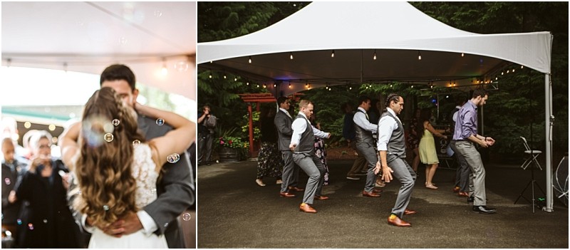Premier snohomish & seattle wedding photographer | gsquared weddings photography a split image shows a couple dancing closely on the left with bubbles floating around them at their snohomish wedding On the right a group of people dances energetically under a white outdoor tent with string lights | serving snohomish seattle                   & beyond