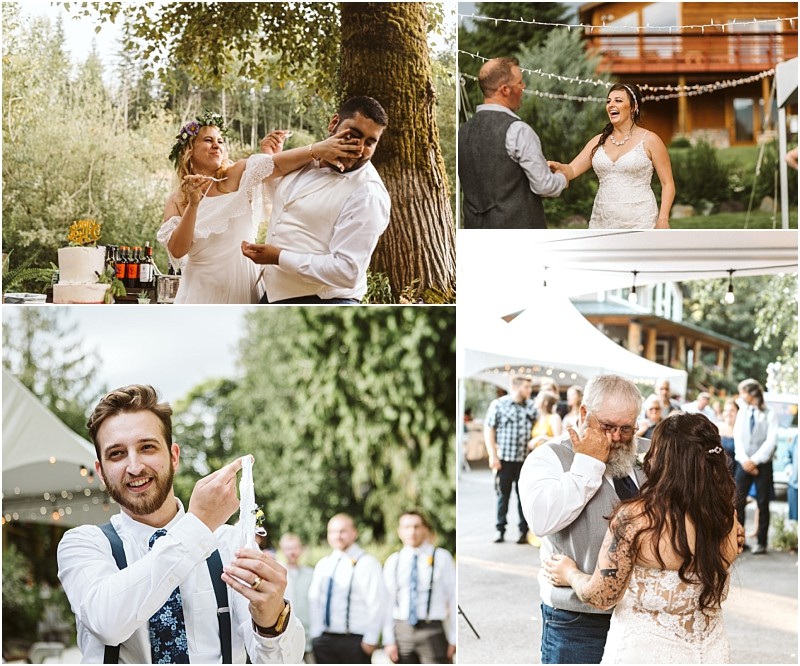 Premier snohomish & seattle wedding photographer | gsquared weddings photography a collage of outdoor snohomish wedding scenes a bride playfully feeding cake to the groom a couple laughing on the dance floor a smiling guest holding cake and a bride dancing with her father at a rustic seattle venue | serving snohomish seattle                   & beyond