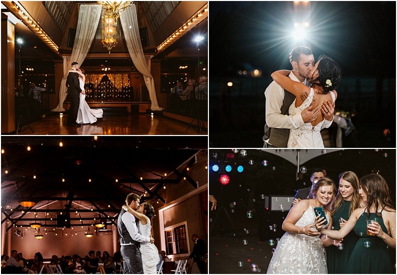 Premier snohomish & seattle wedding photographer | gsquared weddings photography a collage of four snohomish wedding photos a couple shares their first dance in an elegant hall embraces under a bright light dances in a warmly lit venue and the bride takes a selfie with friends surrounded by bubbles | serving snohomish seattle                   & beyond