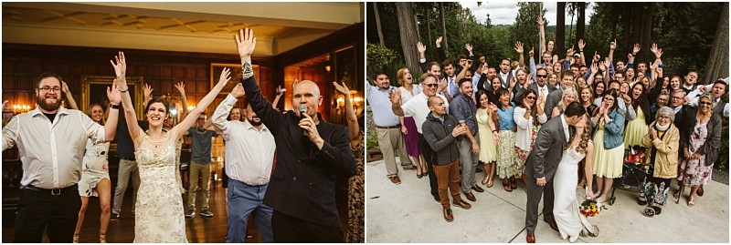 Premier snohomish & seattle wedding photographer | gsquared weddings photography left a snohomish bride groom and guests dance indoors with arms raised smiling joyfully Right seattle wedding guests pose outdoors with raised hands the happy couple in front all celebrating together | serving snohomish seattle                   & beyond