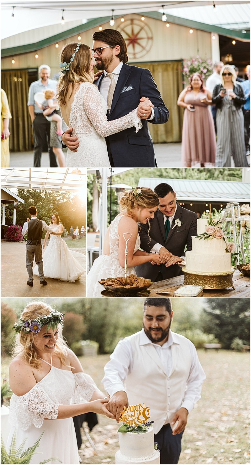 Premier snohomish & seattle wedding photographer | gsquared weddings photography a collage of outdoor wedding moments in snohomish couples dancing cutting cakes and celebrating with guests surrounded by greenery string lights and festive decorationscapturing the magic of a seattle wedding engagement | serving snohomish seattle                   & beyond