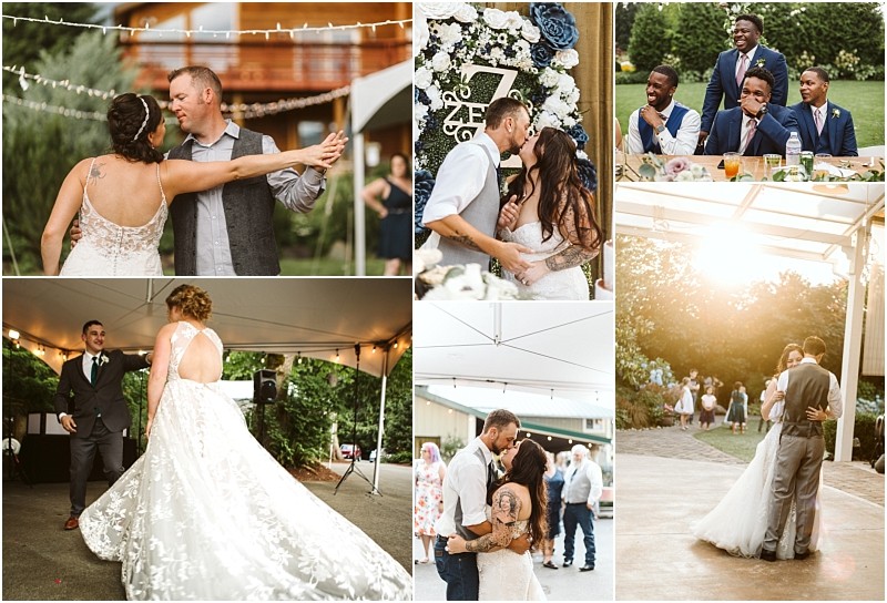 Premier snohomish & seattle wedding photographer | gsquared weddings photography a collage of snohomish wedding photos including a couple dancing sharing a kiss guests at tables joyful dancing and outdoor scenes with warm sunlight and greenery The bride wears a flowing white dress Perfect inspiration for your seattle engagement | serving snohomish seattle                   & beyond