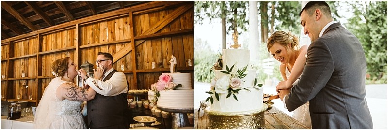 Premier snohomish & seattle wedding photographer | gsquared weddings photography two photos of a snohomish couple at their seattle wedding on the left they playfully feed each other cake indoors on the right they cut a white wedding cake with floral decorations together smiling | serving snohomish seattle                   & beyond