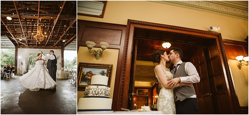 Premier snohomish & seattle wedding photographer | gsquared weddings photography two wedding photos on the left a bride and groom dance in a spacious snohomish venue with an exposed ceiling and chandelier On the right they share a kiss in a warmly lit wood paneled room a wedding cake in the foreground | serving snohomish seattle                   & beyond