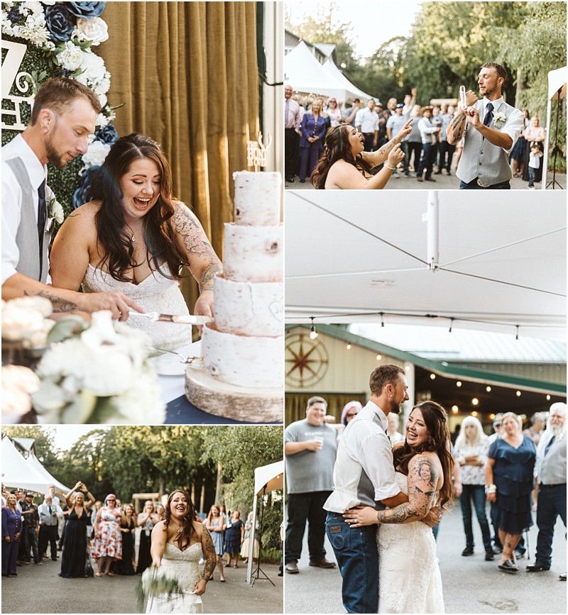 Premier snohomish & seattle wedding photographer | gsquared weddings photography a collage of snohomish wedding moments the bride and groom cut the cake the groom gives a speech the bride tosses her bouquet and the couple dances outdoors under tents surrounded by guests | serving snohomish seattle                   & beyond