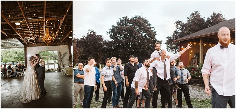 Premier snohomish & seattle wedding photographer | gsquared weddings photography a split image captures a snohomish seattle wedding on the left a bride and groom dance in a rustic barn with chandeliers on the right men eagerly await the bouquet or garter toss outside | serving snohomish seattle                   & beyond